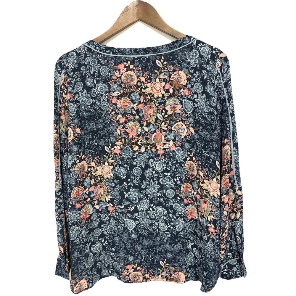 LOFT Outlet Floral Blouse Womens Small Blue Pink Long Sleeve Piped Boho Top - Picture 3 of 6
